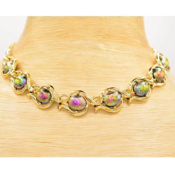 Vintage Collar Necklace Lucite Watermelon Chrome Gold Linked Chain 1980s BinA - Picture 1 of 12